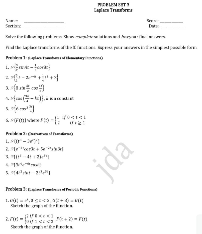 Solved PROBLEM SET 3 Laplace Transforms Name: Section: | Chegg.com