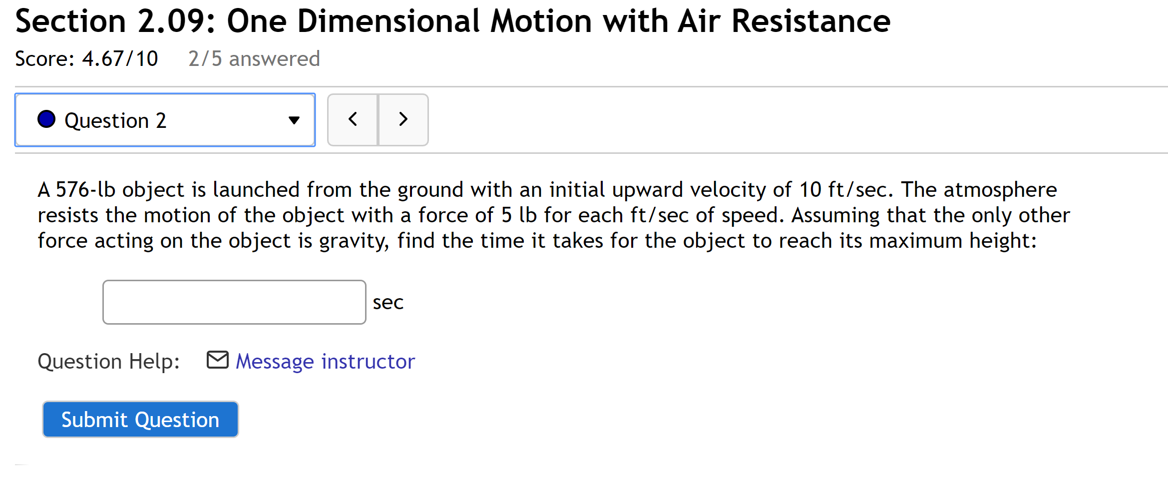 Solved Section 2.09: One Dimensional Motion with Air | Chegg.com