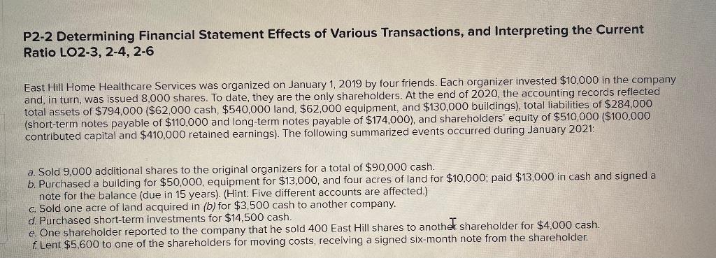 Solved P2-2 Determining Financial Statement Effects Of | Chegg.com