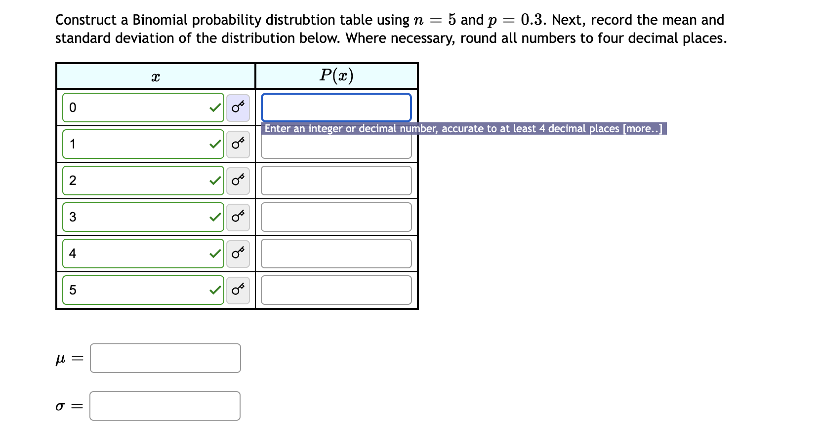 Construct a Binomial probability distrubtion table using \( n=5 \) and \( p=0.3 \). Next, record the mean and standard deviat