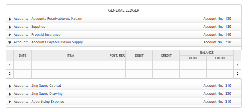 GENERAL LEDGER
Account: Accounts Rccclvable-M. Kadam
Account No. 120
Account: Supplies
Account No. 130
Account: Prepald Insur