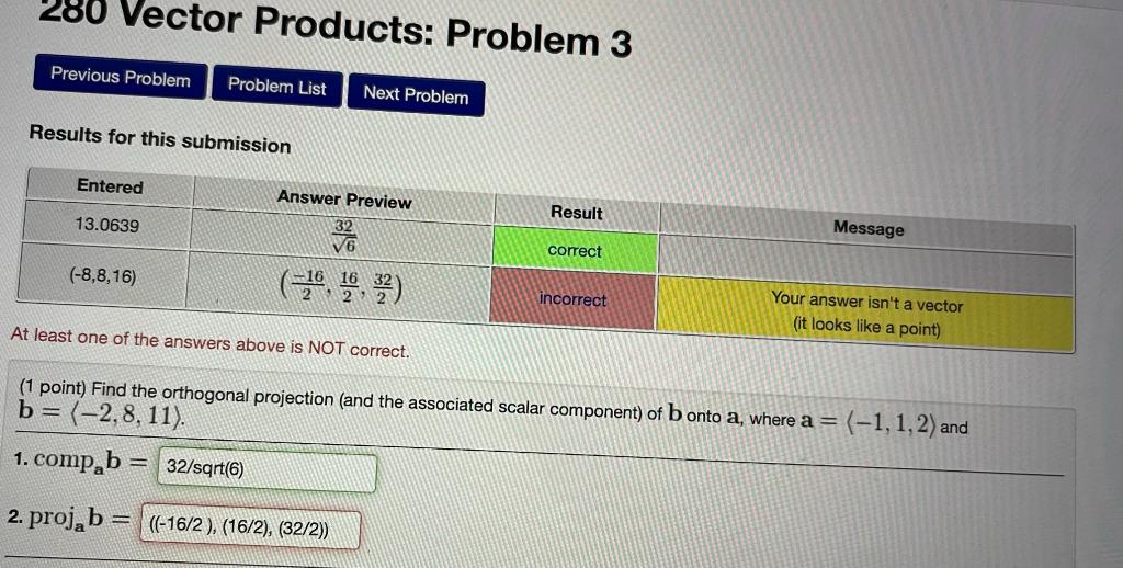 Solved 280 Vector Products: Problem 3 Previous Problem | Chegg.com