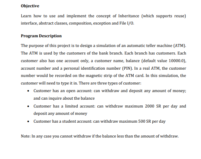 Solved Design an ATM project using java language The | Chegg.com
