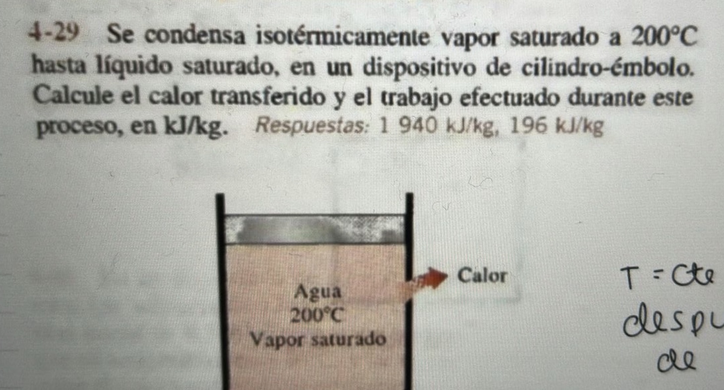 4-29 Se condensa isotérmicamente vapor saturado a \( 200^{\circ} \mathrm{C} \) hasta líquido saturado, en un dispositivo de c