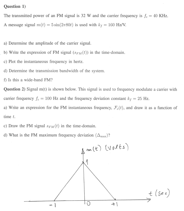 Solved Question 1) The transmitted power of an FM signal is