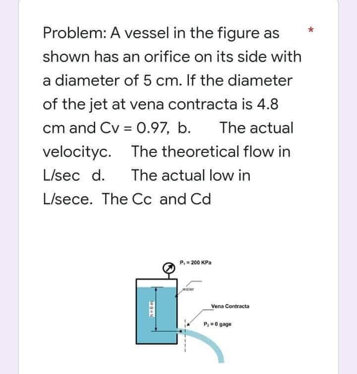 Problem: A vessel in the figure as
shown has an orifice on its side with
a diameter of 5 cm. If the diameter
of the jet at ve