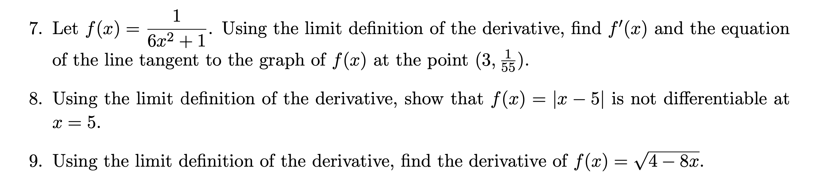 Solved = х 1 7. Let f(x) = Using the limit definition of the | Chegg.com