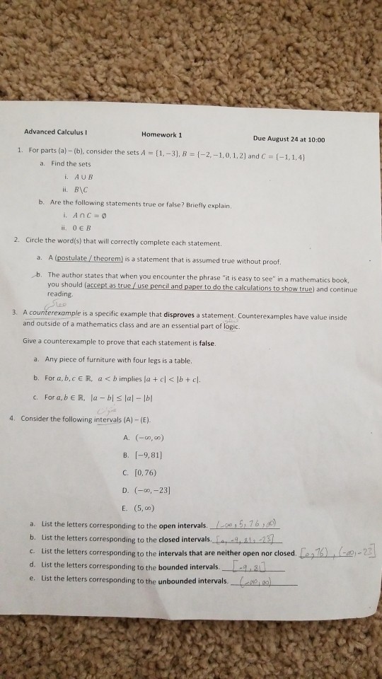 Solved Advanced Calculus I Homework 1 Due August 24 at 10:00 | Chegg.com
