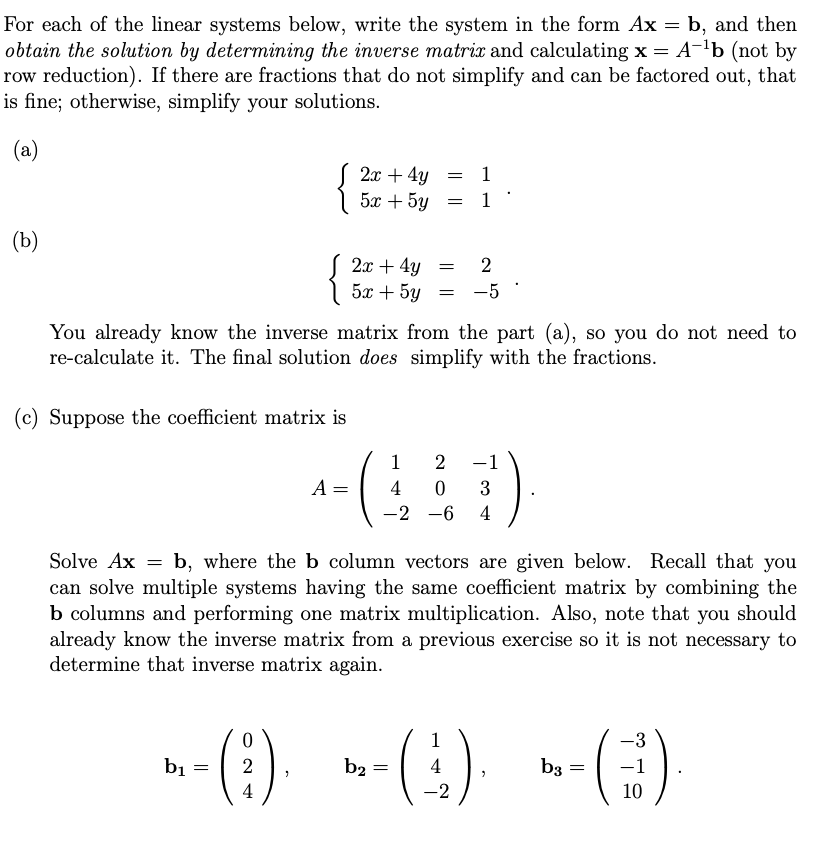 Solved For each of the linear systems below, write the