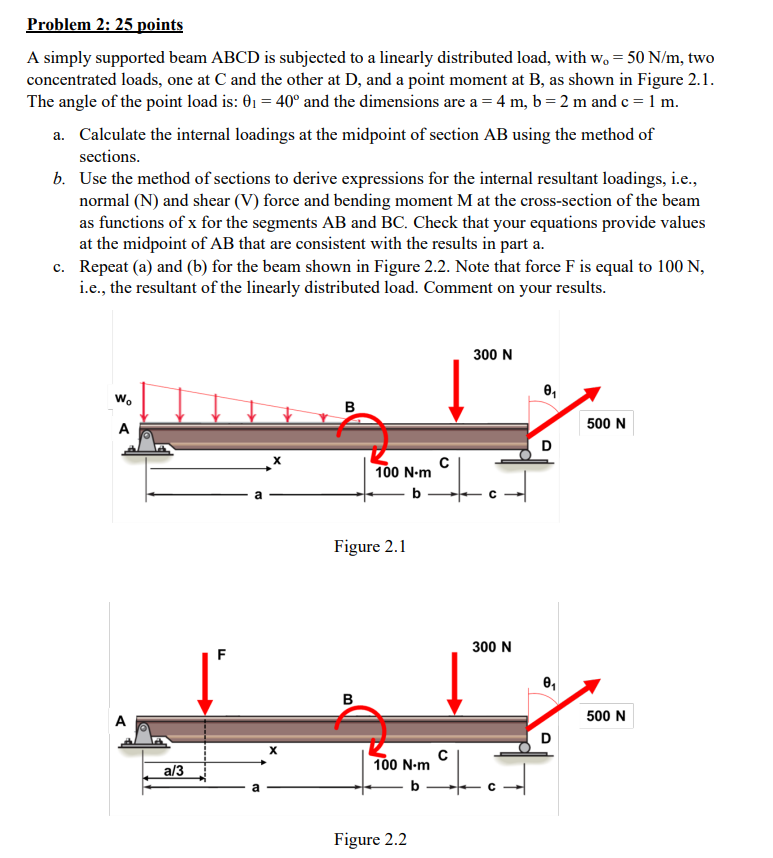Problem 2: 25 points
A simply supported beam \( \mathrm{ABCD} \) is subjected to a linearly distributed load, with \( \mathrm
