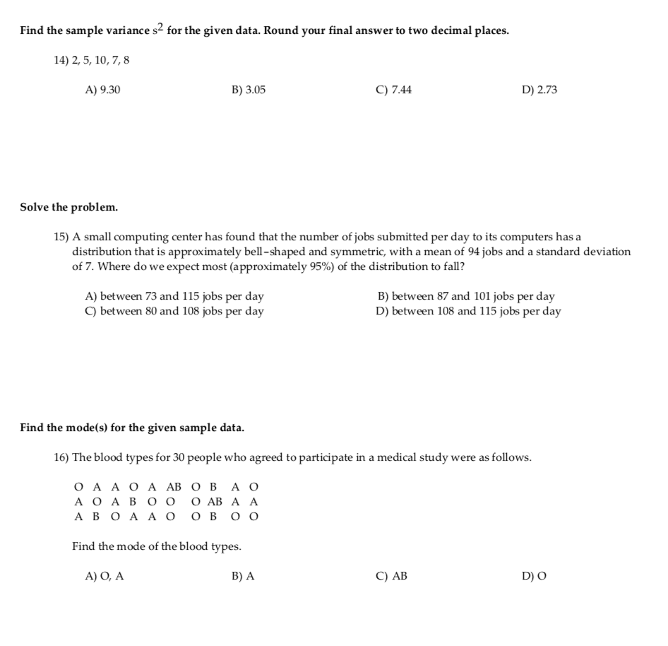 Solved Find the sample variance s2 for the given data. Round | Chegg.com