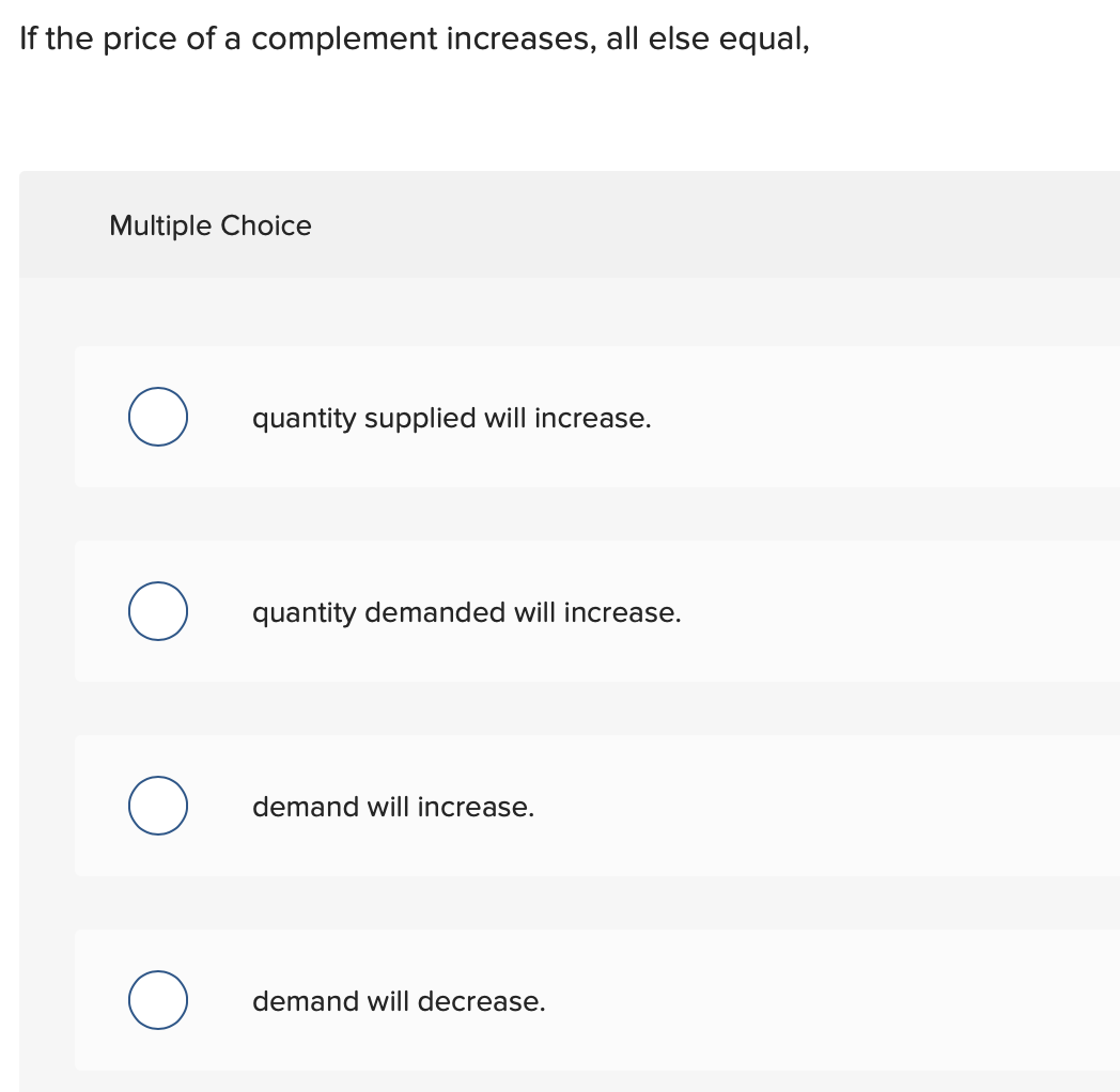 Solved If the price of a complement increases, all else | Chegg.com