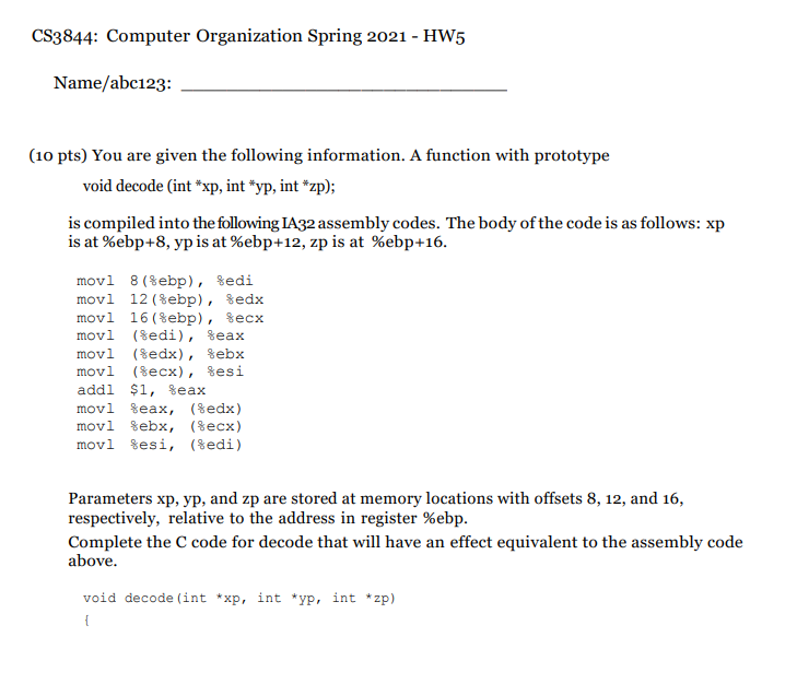 Solved CS3844: Computer Organization Spring 2021 - HW5 | Chegg.com