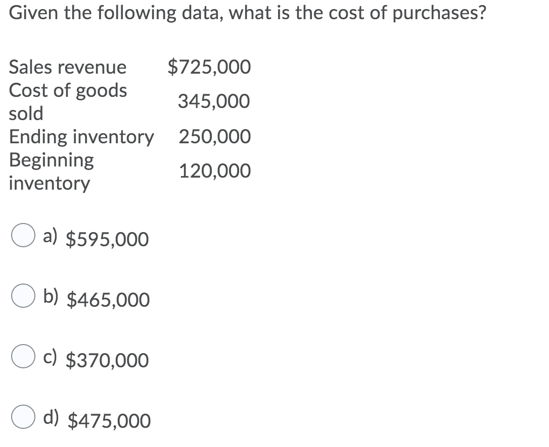 Solved Given The Following Data, What Is The Cost Of | Chegg.com