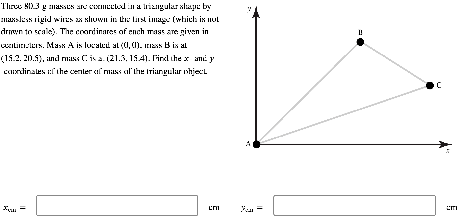 Solved Three 80.3 g masses are connected in a triangular | Chegg.com