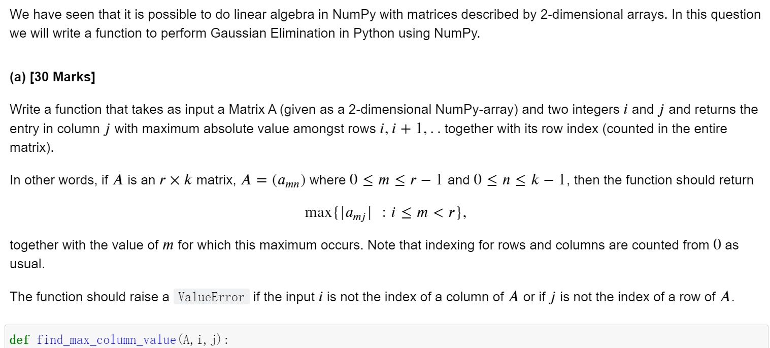 Solved Python Question def find_max_column_value(A,i,j): | Chegg.com