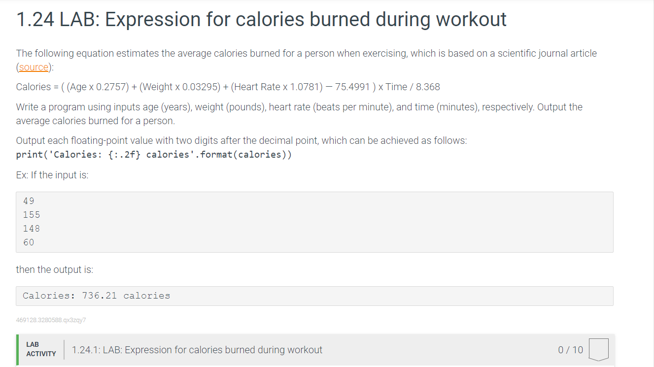 Solved 1.24 LAB Expression for calories burned during