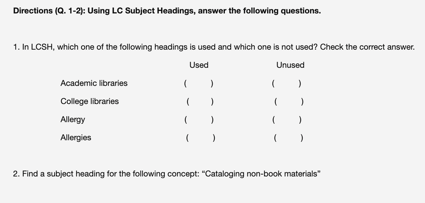 Solved Directions (Q. 1-2): Using LC Subject Headings, | Chegg.com