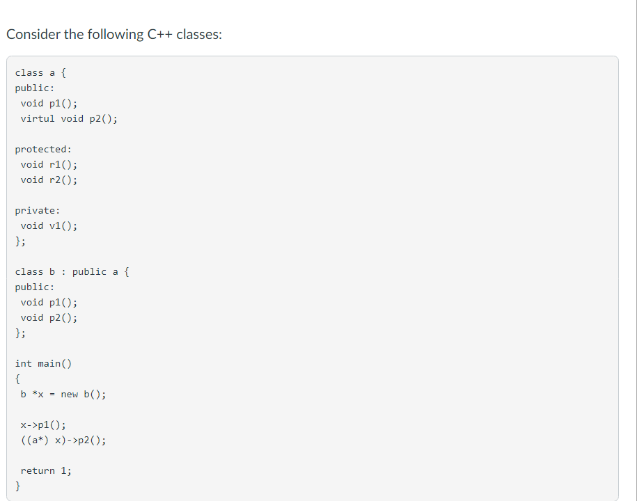 Solved Consider the following C++ classes: class a { public: | Chegg.com