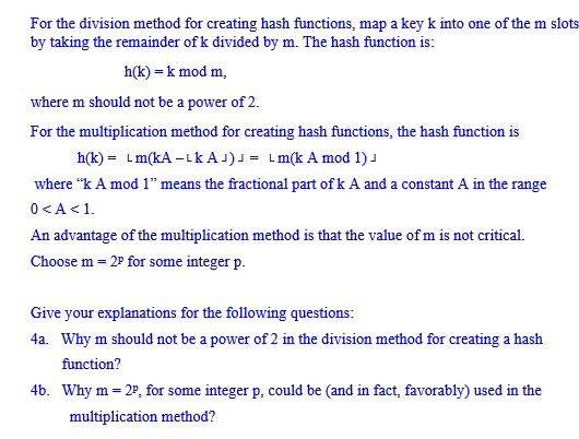 Solved For the division method for creating hash functions, | Chegg.com