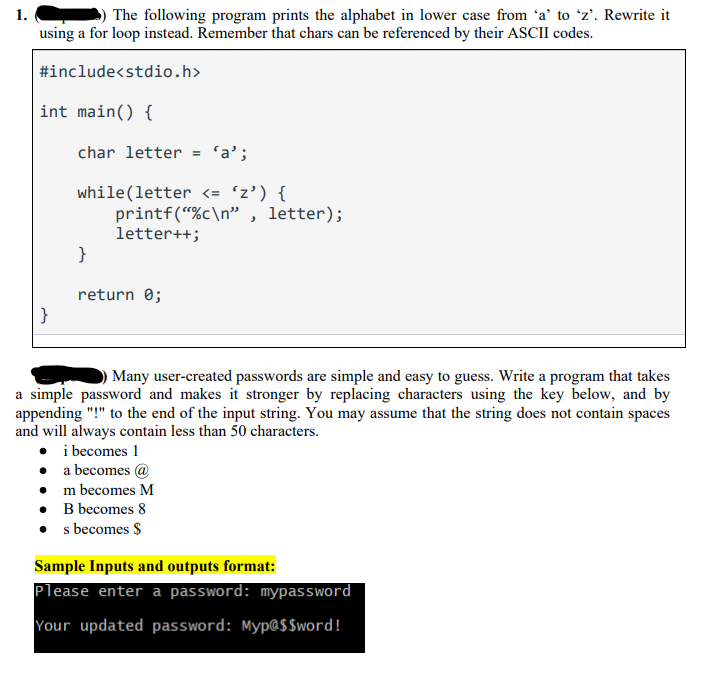Solved 1. The following program prints the alphabet in lower | Chegg.com
