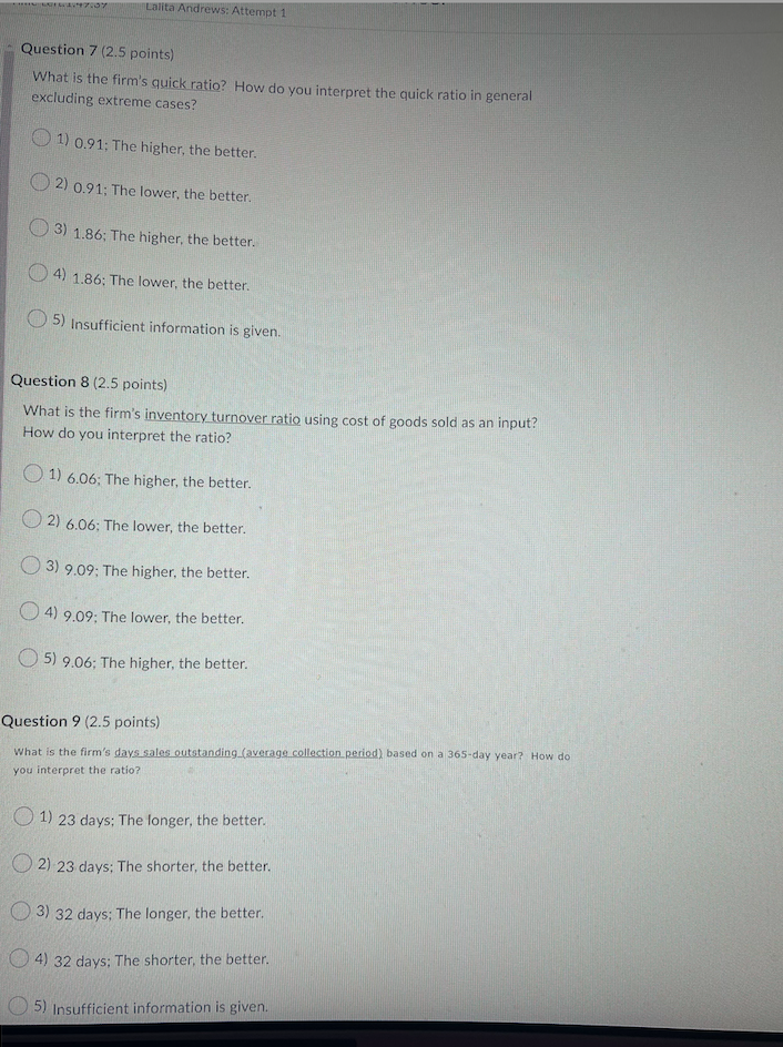Solved Question 1 (2.5 points) Use the following data for | Chegg.com