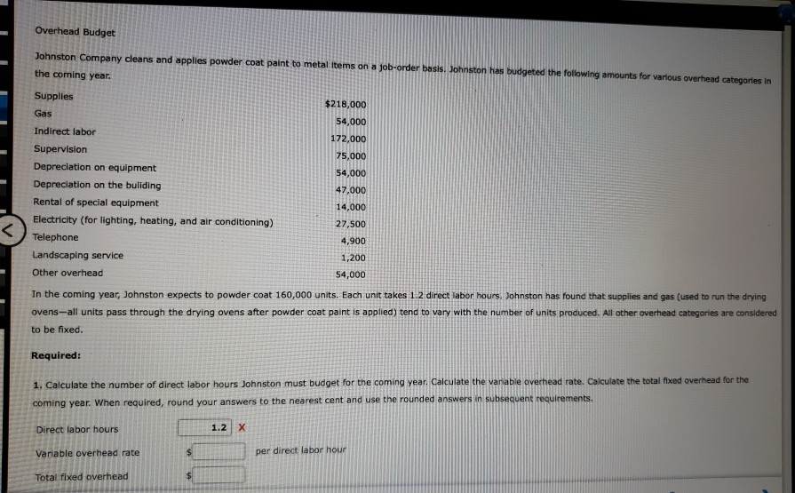 Solved Overhead Budget Johnston Company cleans and applies