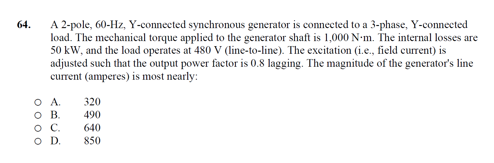 Solved 4. A 2-pole, 60-Hz, Y-connected synchronous generator | Chegg.com