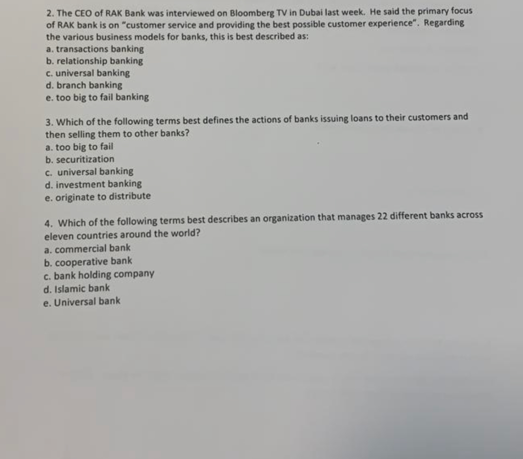 Solved 2 The Ceo Of Rak Bank Was Interviewed On Bloomber