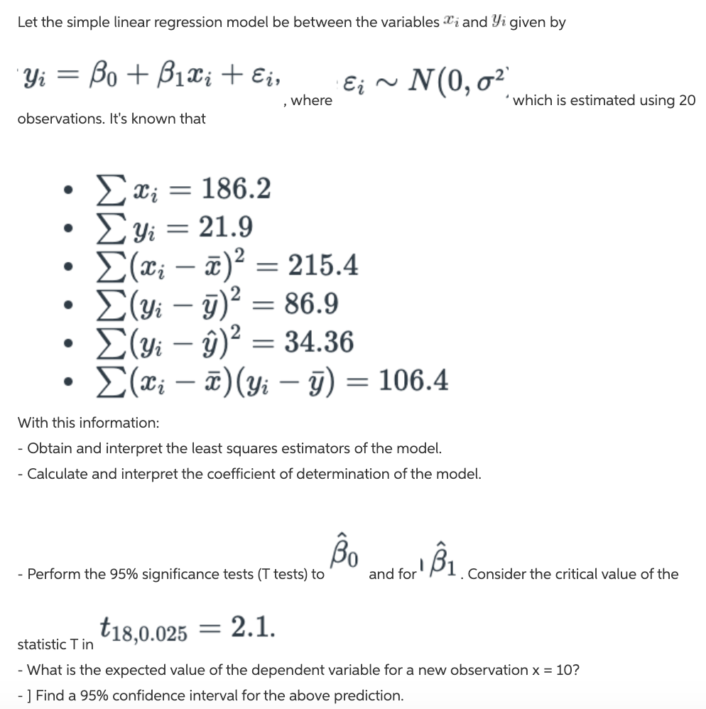 Solved Let the simple linear regression model be between the | Chegg.com
