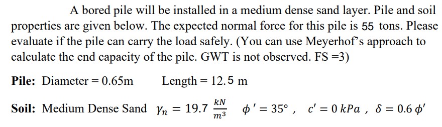 Solved A bored pile will be installed in a medium dense sand | Chegg.com