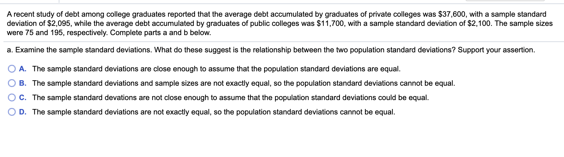 Solved A Recent Study Of Debt Among College Graduates | Chegg.com