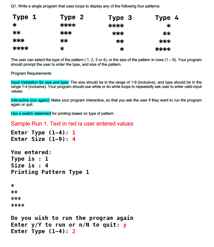 Solved Q1. Write a single program that uses loops to display | Chegg.com