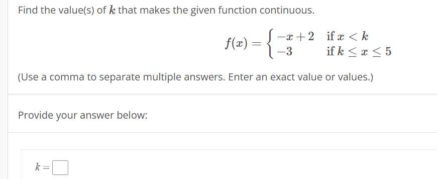 how to find value of k which makes the function continuous