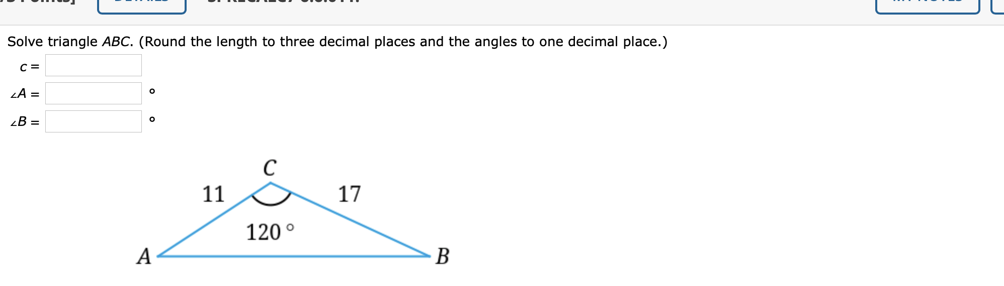 Solved Solve triangle ABC. (Round the length to three | Chegg.com