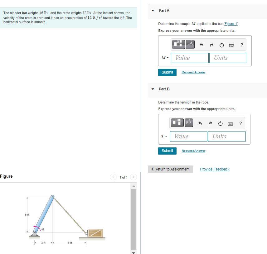 Solved Part A The slender bar weighs 46 lb, and the crate | Chegg.com