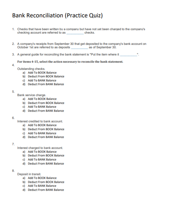 Solved Bank Reconciliation (Practice Quiz) 1. Checks That | Chegg.com