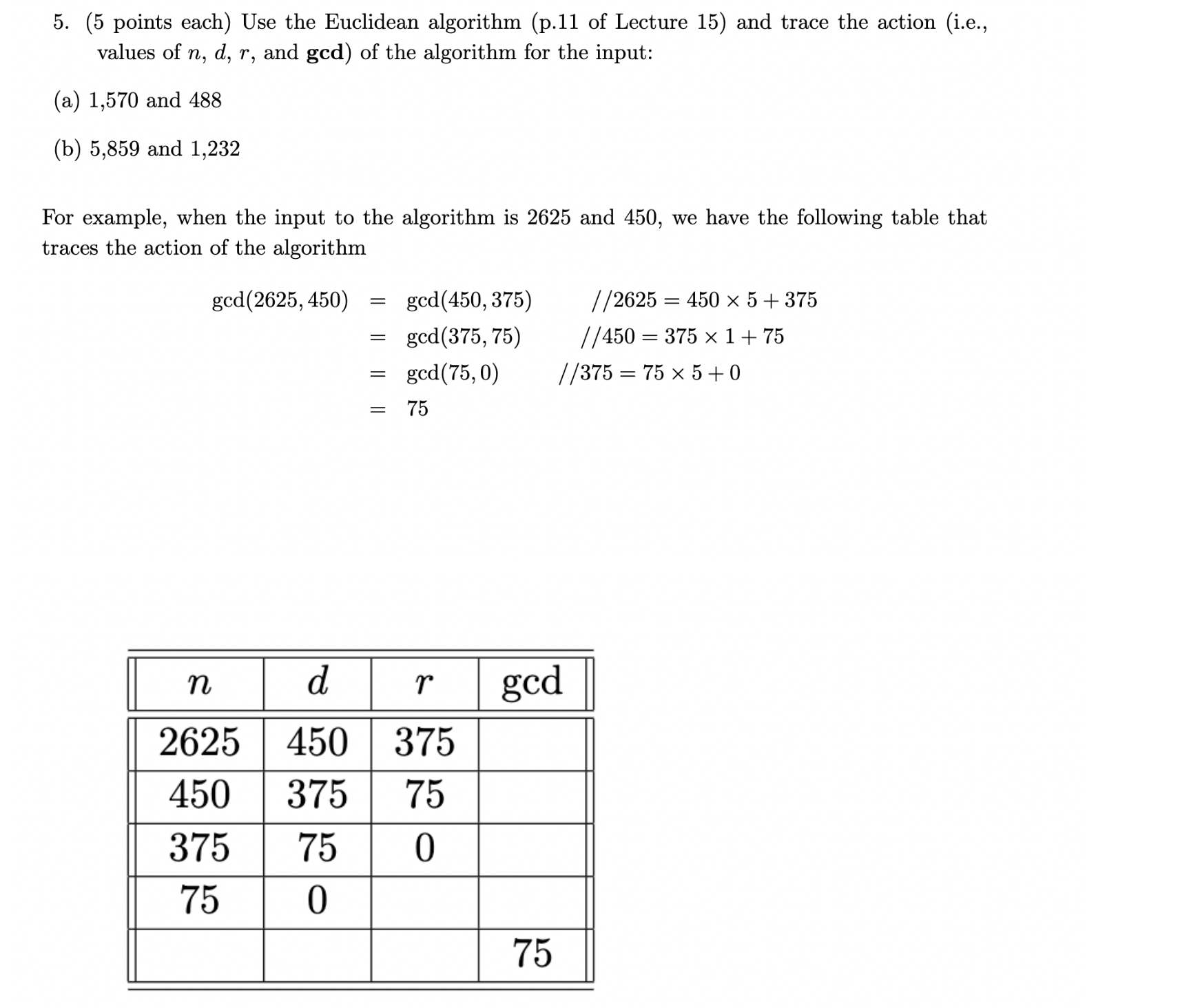 Solved 5. (5 points each) Use the Euclidean algorithm (p.11 | Chegg.com