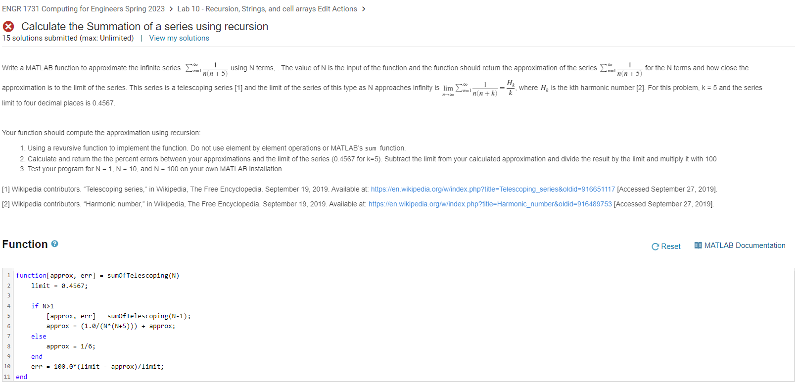 Solved I Keep Getting This Wrong On Matlab Grader .I Had 67 | Chegg.com