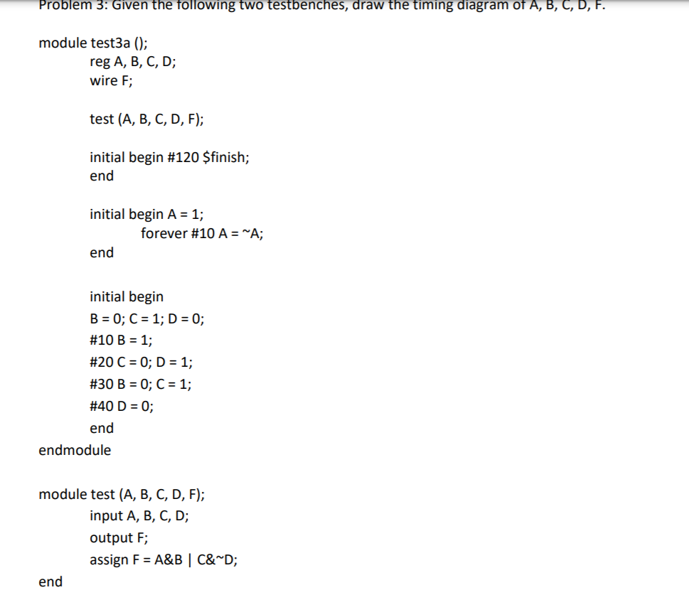 Solved Problem 3: Given the following two testbenches, draw | Chegg.com
