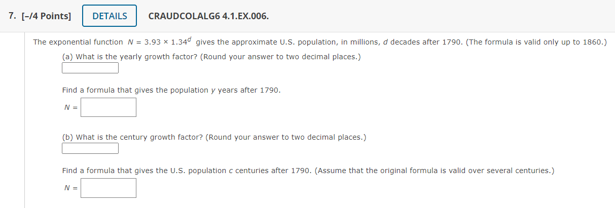 Solved e exponential function N=3.93×1.34d gives the | Chegg.com