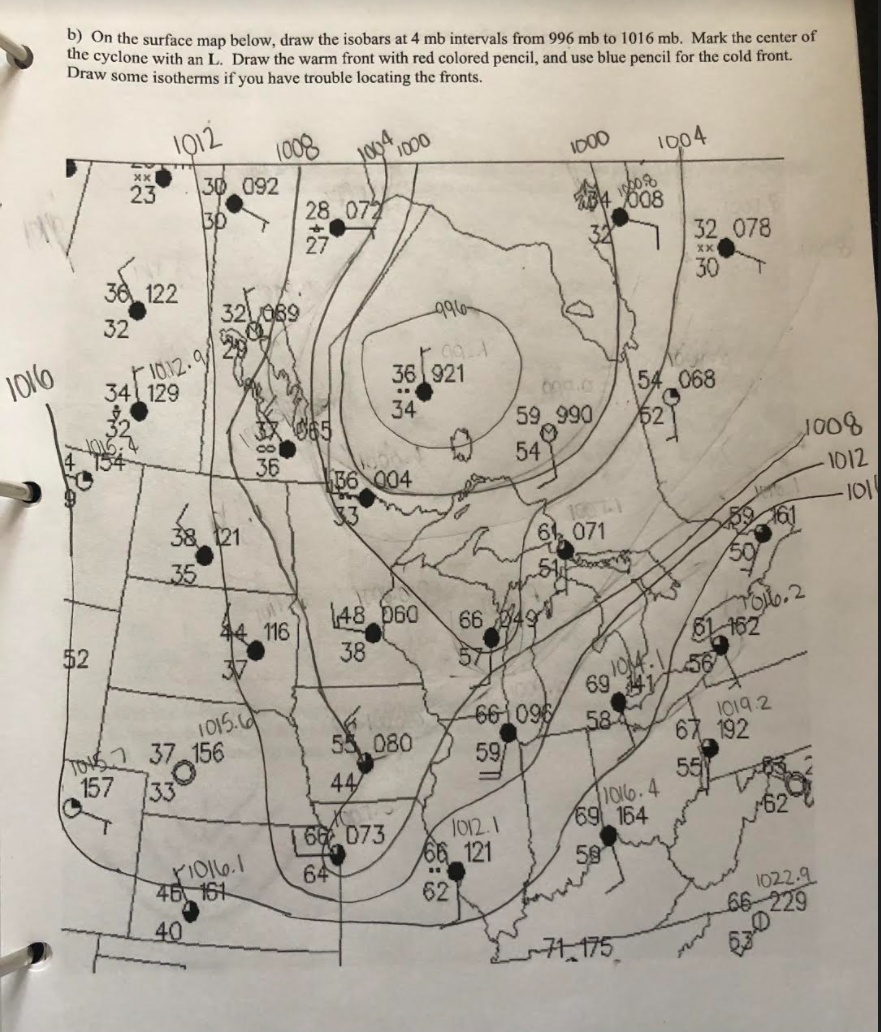Solved b) On the surface map below, draw the isobars at 4 mb Chegg