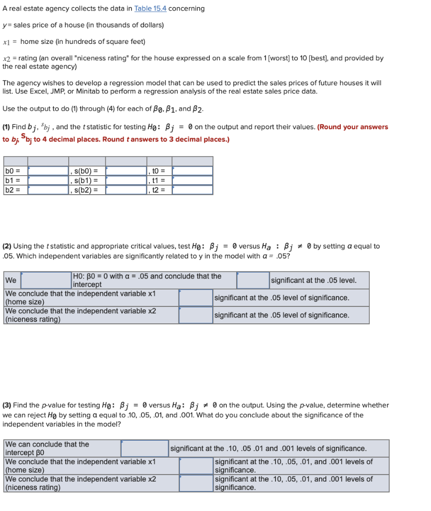 A real estate agency collects the data in Table 15.4