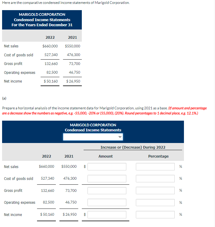 Here are the comparative condensed income statements of Marigold Corporation.
(a)
Prepare a horizontal analysis of the income