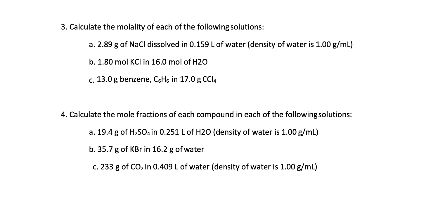 Solved 3. Calculate the molality of each of the following | Chegg.com