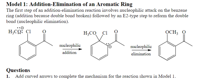 Model 1: Addition-Elimination of an Aromatic Ring
The first step of an addition-elimination reaction involves nucleophilic at