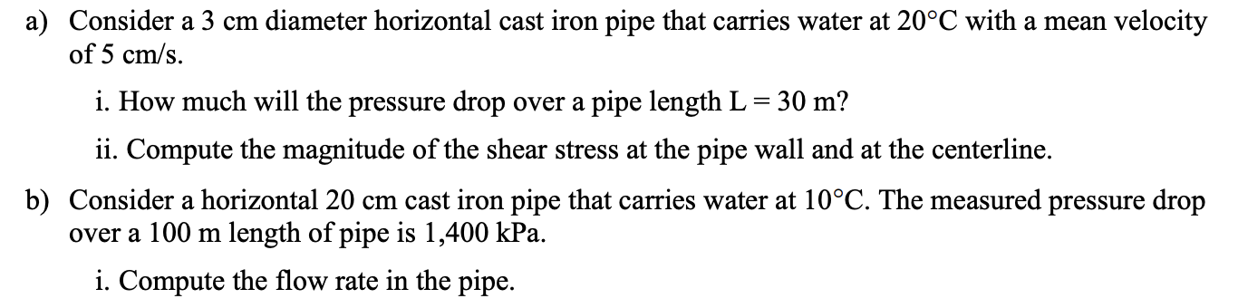 Solved a) Consider a 3 cm diameter horizontal cast iron pipe | Chegg.com