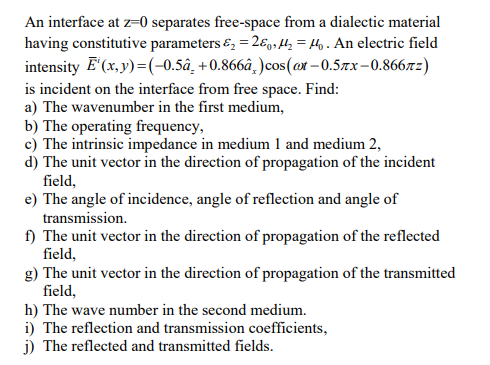 An Interface At Z 0 Separates Free Space From A Chegg Com