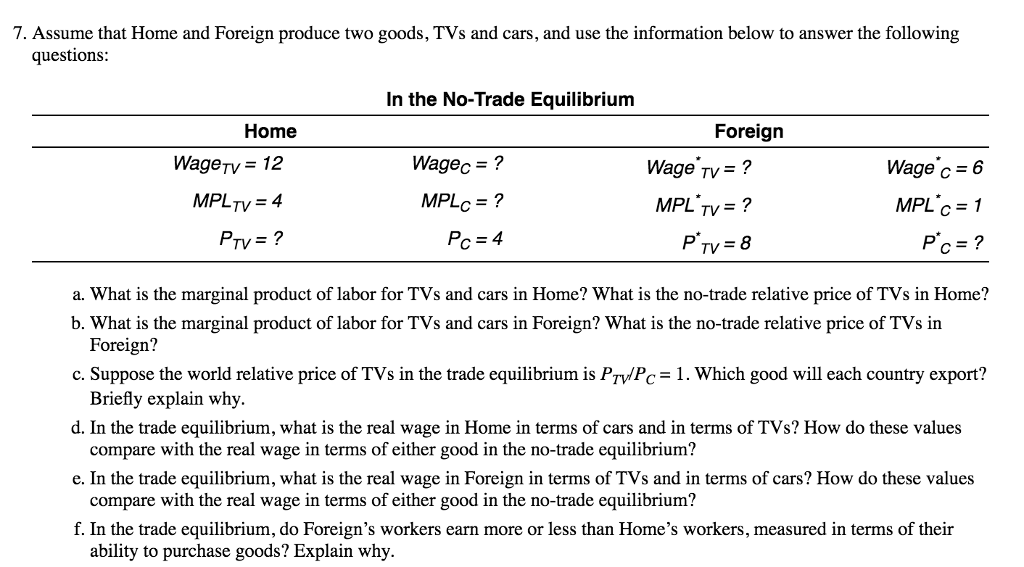 Solved 7. Assume that Home and Foreign produce two goods,