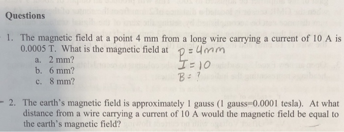 Solved the magnetic field at a point 4mm from a long wire | Chegg.com